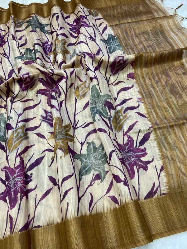 Soft_Tussar_Silk_sarees_with_Beautiful_Digital_Print_With_Attractive_Border_And_Contrast_Print_Blouse_With_Tassels