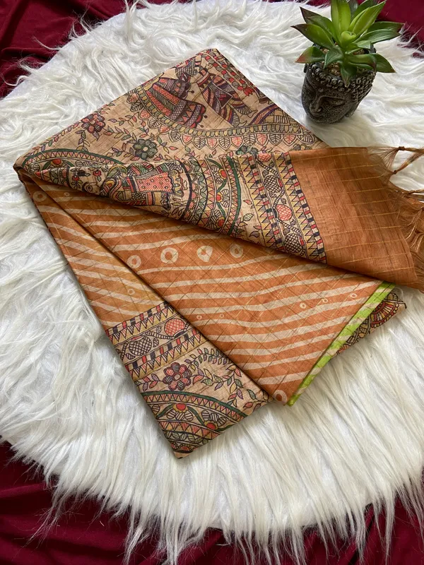Soft_Semi_Tussar_Silk_sarees_with_Beautiful_Digital_Print_With_Attractive_Border_And_Contrast_Print_Blouse_With_Tassels