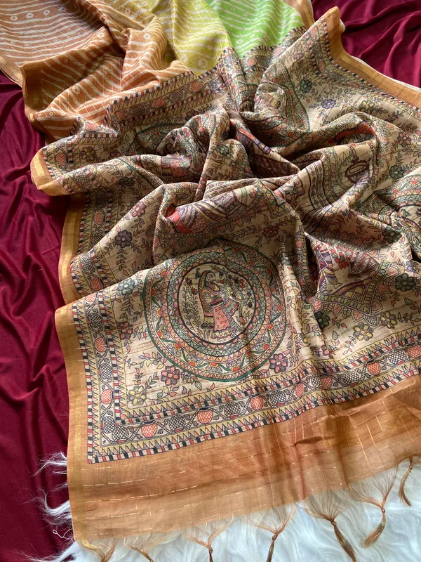Soft_Semi_Tussar_Silk_sarees_with_Beautiful_Digital_Print_With_Attractive_Border_And_Contrast_Print_Blouse_With_Tassels