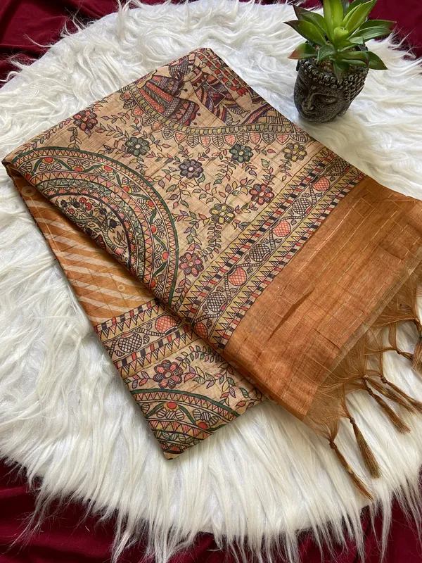 Soft_Semi_Tussar_Silk_sarees_with_Beautiful_Digital_Print_With_Attractive_Border_And_Contrast_Print_Blouse_With_Tassels