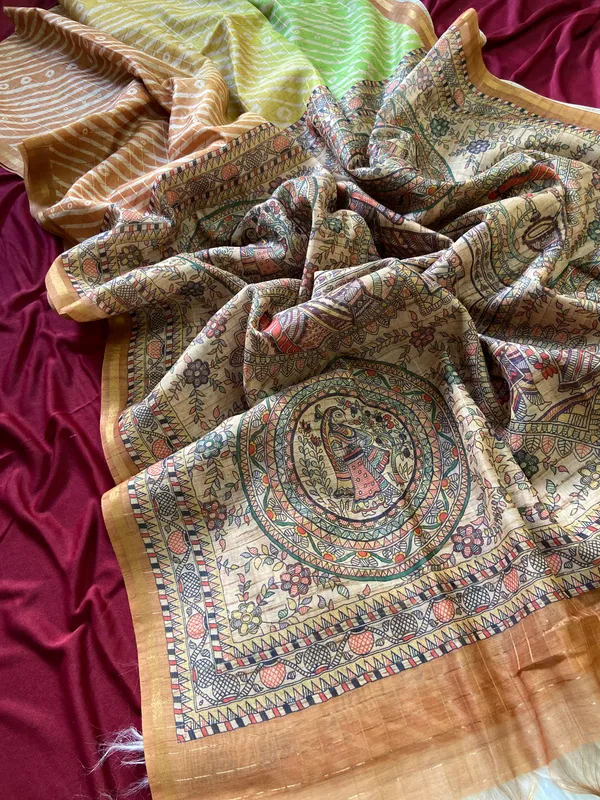 Soft_Semi_Tussar_Silk_sarees_with_Beautiful_Digital_Print_With_Attractive_Border_And_Contrast_Print_Blouse_With_Tassels