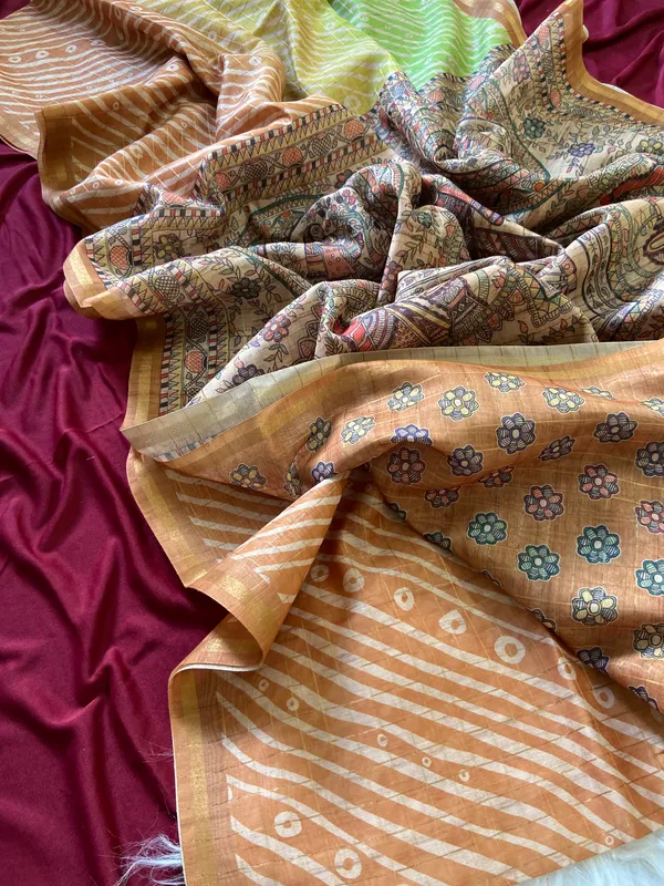 Soft_Semi_Tussar_Silk_sarees_with_Beautiful_Digital_Print_With_Attractive_Border_And_Contrast_Print_Blouse_With_Tassels