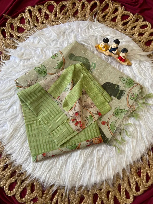 Chandrika_Green_–_Moonlit_Navratri_Special_|_Soft_Semi_Tussar_Silk_Saree_with_Digital_Print,_Border_&_Contrast_Print_Blouse_with_Tassels