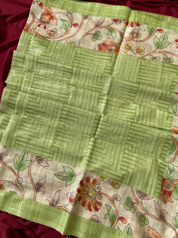 Chandrika_Green_–_Moonlit_Navratri_Special_|_Soft_Semi_Tussar_Silk_Saree_with_Digital_Print,_Border_&_Contrast_Print_Blouse_with_Tassels