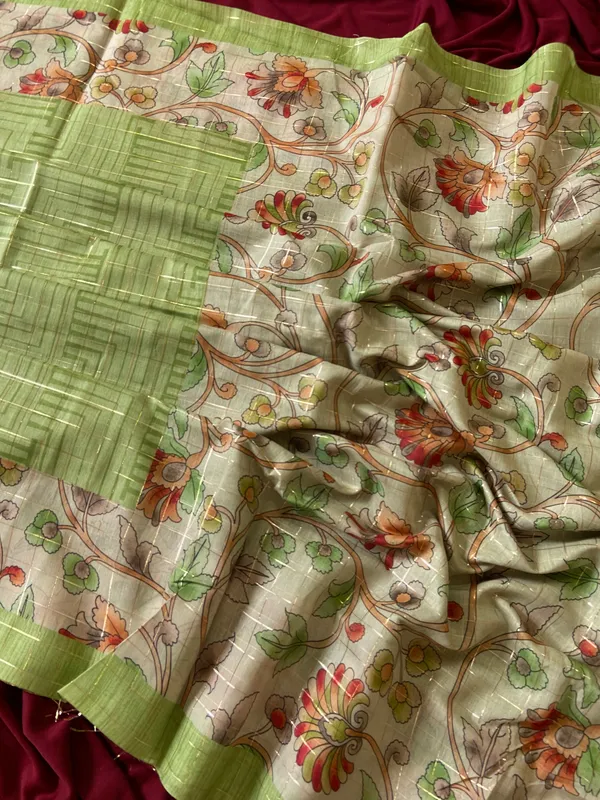 Chandrika_Green_–_Moonlit_Navratri_Special_|_Soft_Semi_Tussar_Silk_Saree_with_Digital_Print,_Border_&_Contrast_Print_Blouse_with_Tassels