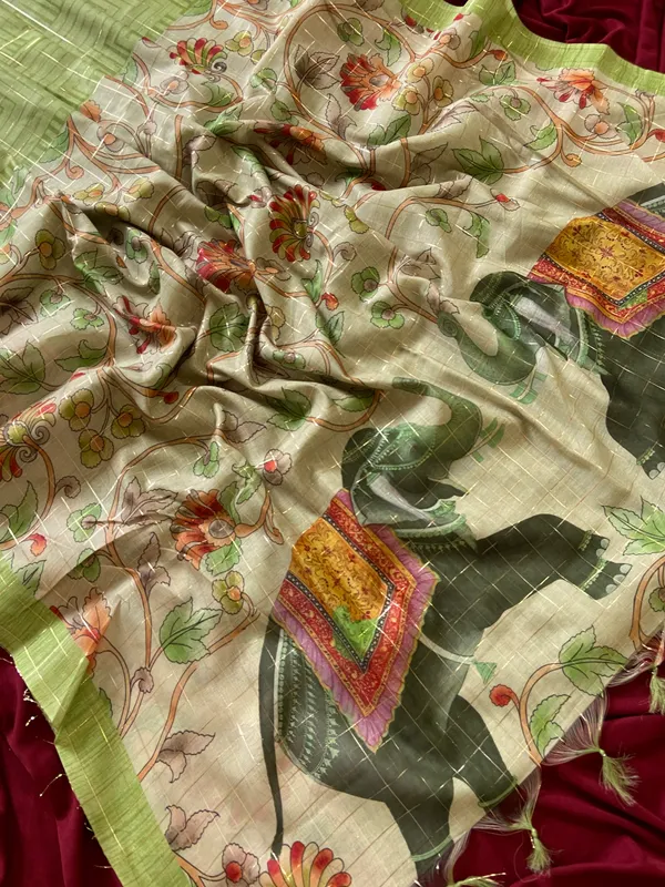 Chandrika_Green_–_Moonlit_Navratri_Special_|_Soft_Semi_Tussar_Silk_Saree_with_Digital_Print,_Border_&_Contrast_Print_Blouse_with_Tassels