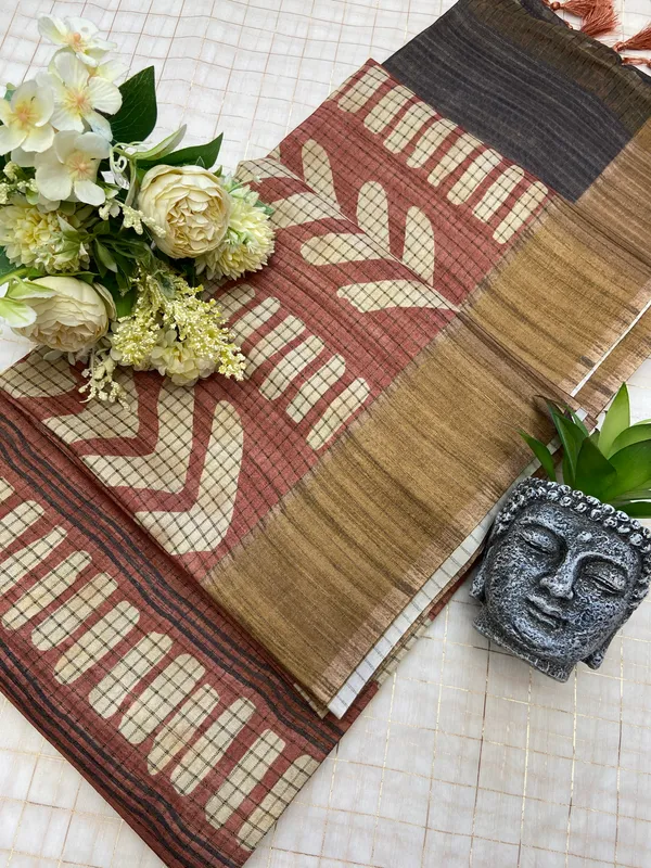 Soft_Tussar_Silk_sarees_with_Beautiful_Digital_Print_With_Attractive_Checks_Design_Saree_And_Digital_Print_Blouse_With_Tassels