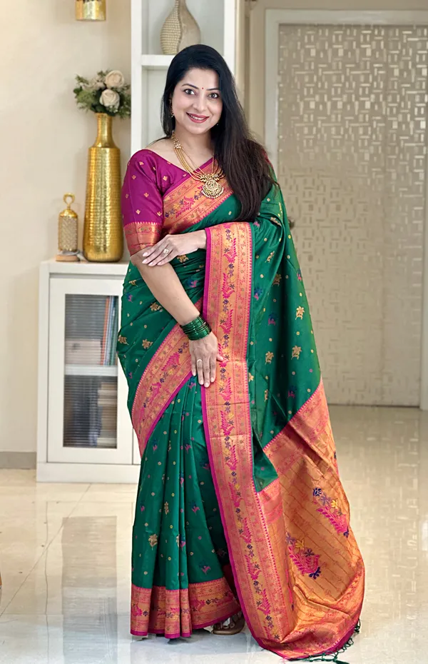 Premium_Soft_Paithani_Silk_sarees_With_Beautiful_Weaving_Pattern_With_Attractive_Rich_Pallu_And_Border_And_Weaving_Blouse_With_Tassels