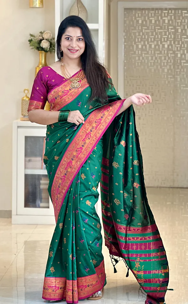 Premium_Soft_Paithani_Silk_sarees_With_Beautiful_Weaving_Pattern_With_Attractive_Rich_Pallu_And_Border_And_Weaving_Blouse_With_Tassels