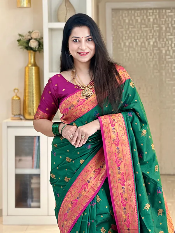 Premium_Soft_Paithani_Silk_sarees_With_Beautiful_Weaving_Pattern_With_Attractive_Rich_Pallu_And_Border_And_Weaving_Blouse_With_Tassels