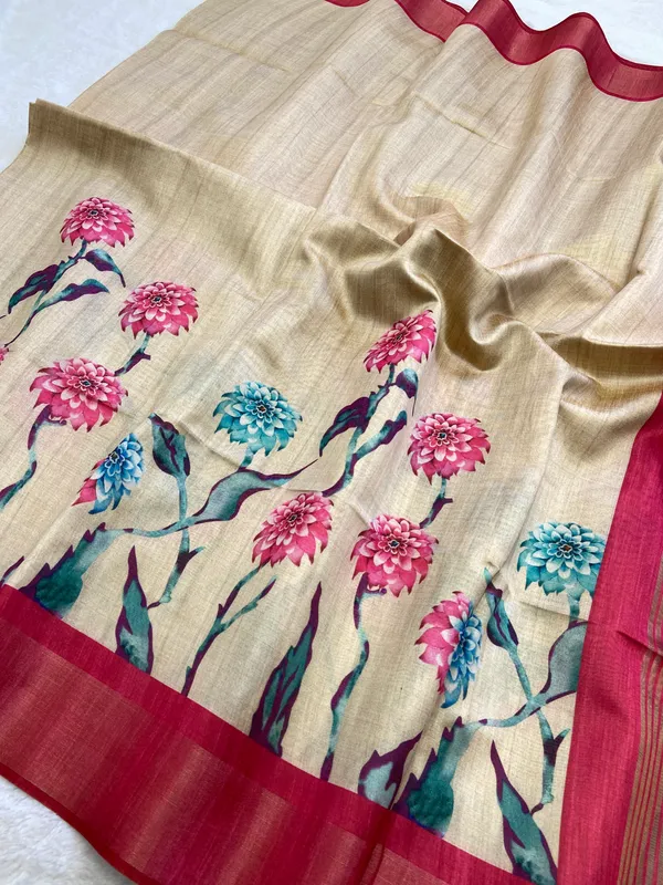 Soft_Tussar_Silk_sarees_with_Beautiful_Print_With_Attractive_Border_And_Contrast_Print_Blouse_With_Tassels