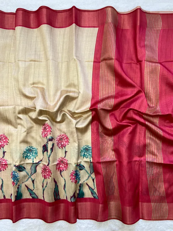 Soft_Tussar_Silk_sarees_with_Beautiful_Print_With_Attractive_Border_And_Contrast_Print_Blouse_With_Tassels