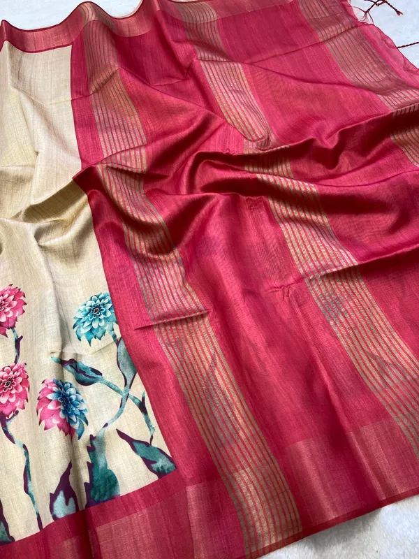 Soft_Tussar_Silk_sarees_with_Beautiful_Print_With_Attractive_Border_And_Contrast_Print_Blouse_With_Tassels