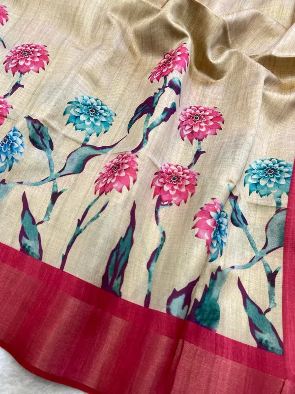 Soft_Tussar_Silk_sarees_with_Beautiful_Print_With_Attractive_Border_And_Contrast_Print_Blouse_With_Tassels