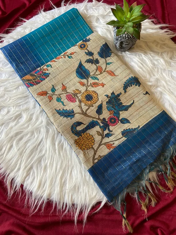Soft_Semi_Tussar_Silk_sarees_with_Beautiful_Digital_Print_With_Attractive_Border_And_Contrast_Print_Blouse_With_Tassels