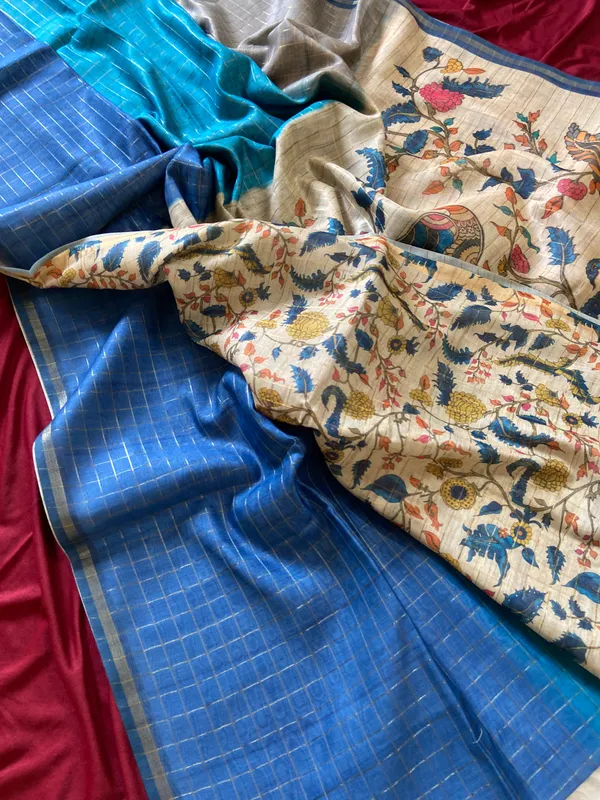 Soft_Semi_Tussar_Silk_sarees_with_Beautiful_Digital_Print_With_Attractive_Border_And_Contrast_Print_Blouse_With_Tassels