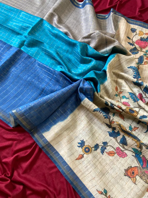 Soft_Semi_Tussar_Silk_sarees_with_Beautiful_Digital_Print_With_Attractive_Border_And_Contrast_Print_Blouse_With_Tassels