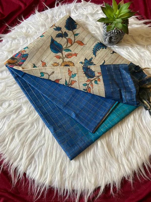 Soft_Semi_Tussar_Silk_sarees_with_Beautiful_Digital_Print_With_Attractive_Border_And_Contrast_Print_Blouse_With_Tassels