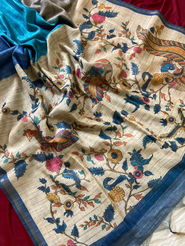 Soft_Semi_Tussar_Silk_sarees_with_Beautiful_Digital_Print_With_Attractive_Border_And_Contrast_Print_Blouse_With_Tassels