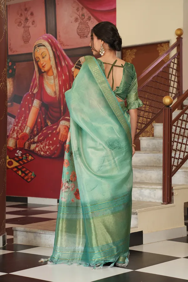 Vaanya_Rama_Green_–_Diwali_Special_|_Soft_Tissue_Silk_Saree_with_Digital_Print,_Border_&_Rich_Pallu,_Sequence_&_Contrast_Print_Blouse_with_Tassels