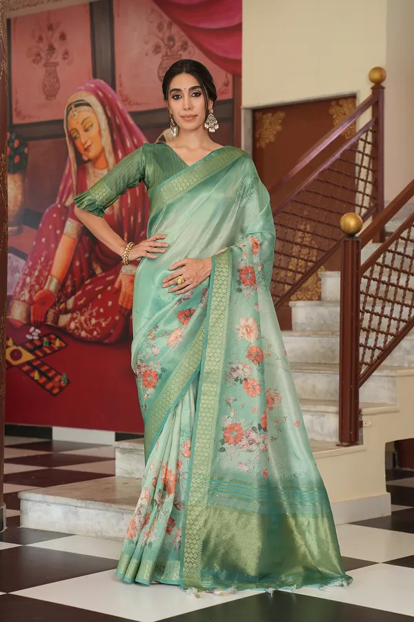 Vaanya_Rama_Green_–_Diwali_Special_|_Soft_Tissue_Silk_Saree_with_Digital_Print,_Border_&_Rich_Pallu,_Sequence_&_Contrast_Print_Blouse_with_Tassels