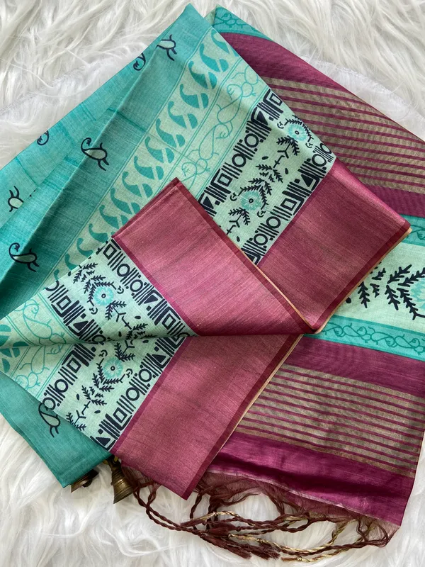 Soft_Tussar_Silk_sarees_with_Beautiful_Print_With_Attractive_Border_And_Contrast_Print_Blouse_With_Tassels