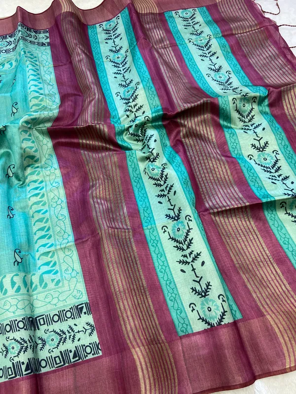 Soft_Tussar_Silk_sarees_with_Beautiful_Print_With_Attractive_Border_And_Contrast_Print_Blouse_With_Tassels