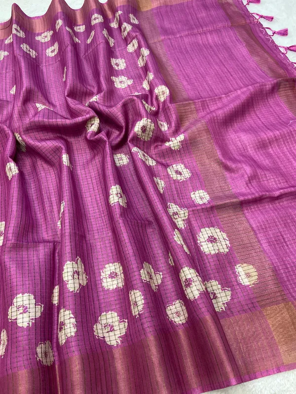 Geetika_Pink_–_Melodic_Aesthetic_Edit_for_You_|_Soft_Tussar_Silk_Saree_with_Digital_Print,_Checks_Design_Saree_&_Digital_Print_Blouse_with_Tassels
