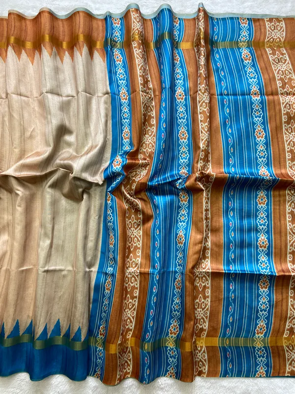Soft_Tussar_Silk_sarees_with_Beautiful_Print_With_Attractive_Border_And_Contrast_Print_Blouse_With_Tassels