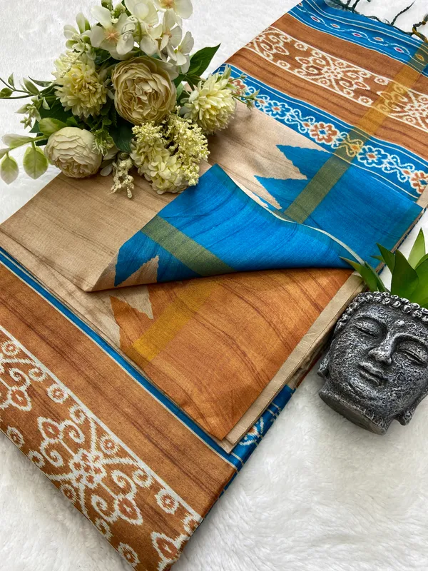 Soft_Tussar_Silk_sarees_with_Beautiful_Print_With_Attractive_Border_And_Contrast_Print_Blouse_With_Tassels