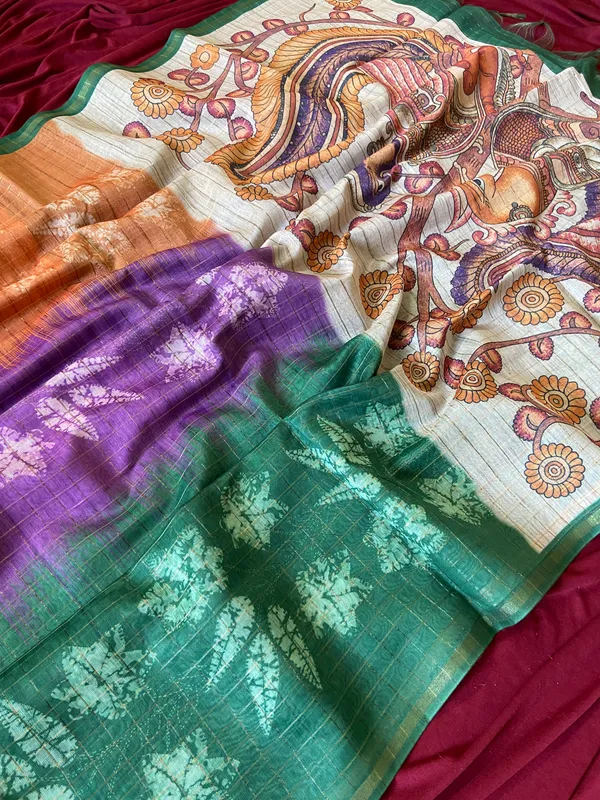 Soft_Semi_Tussar_Silk_sarees_with_Beautiful_Digital_Print_With_Attractive_Border_And_Contrast_Print_Blouse_With_Tassels