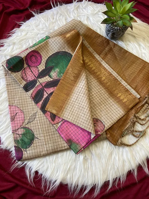 Soft_Tussar_Silk_sarees_with_Beautiful_Digital_Print_With_Attractive_Checks_Design_Saree_And_Digital_Print_Blouse_With_Tassels