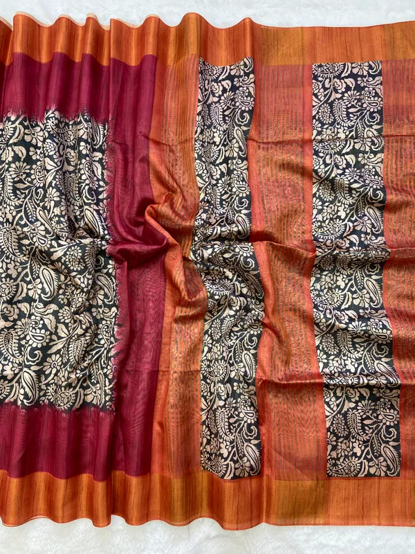 Mirza_Orange_&_Maroon_–_Diwali_Special_|_Soft_Tussar_Silk_Saree_with_Print,_Border_&_Contrast_Print_Blouse_with_Tassels