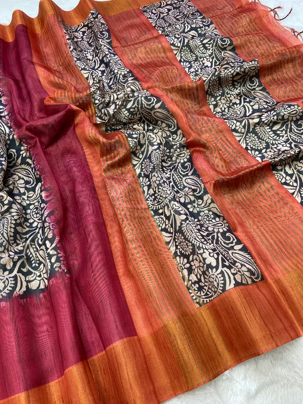 Mirza_Orange_&_Maroon_–_Diwali_Special_|_Soft_Tussar_Silk_Saree_with_Print,_Border_&_Contrast_Print_Blouse_with_Tassels