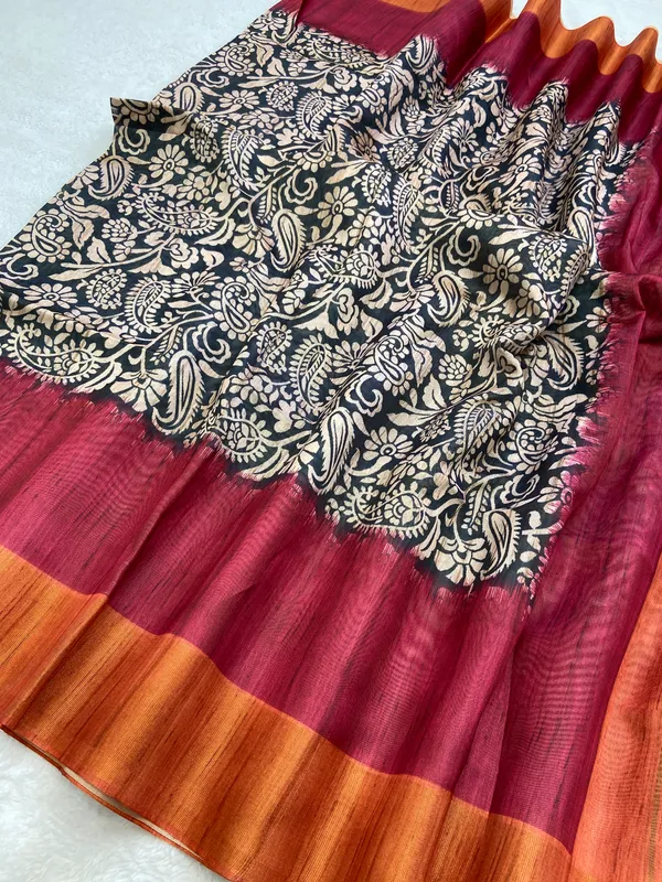Mirza_Orange_&_Maroon_–_Diwali_Special_|_Soft_Tussar_Silk_Saree_with_Print,_Border_&_Contrast_Print_Blouse_with_Tassels