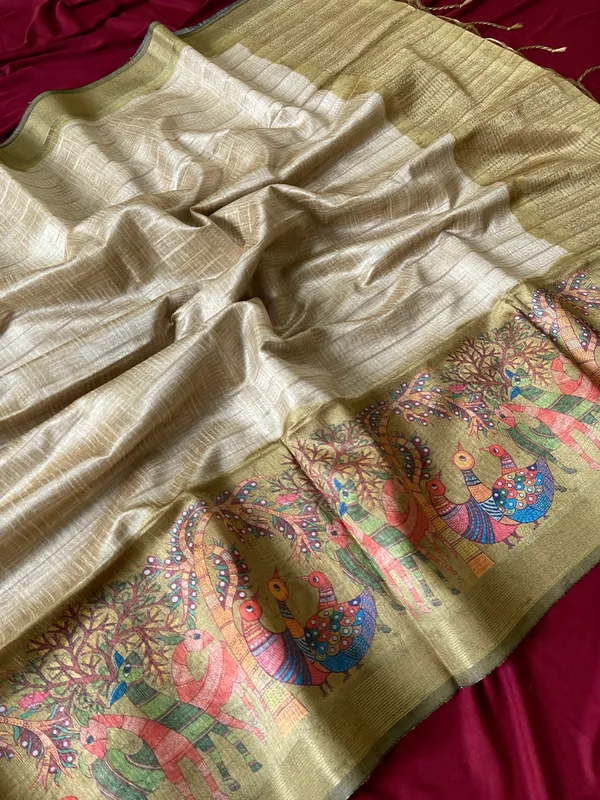 Soft_Semi_Tussar_Silk_sarees_with_Beautiful_Digital_Print_With_Attractive_Border_And_Contrast_Print_Blouse_With_Tassels