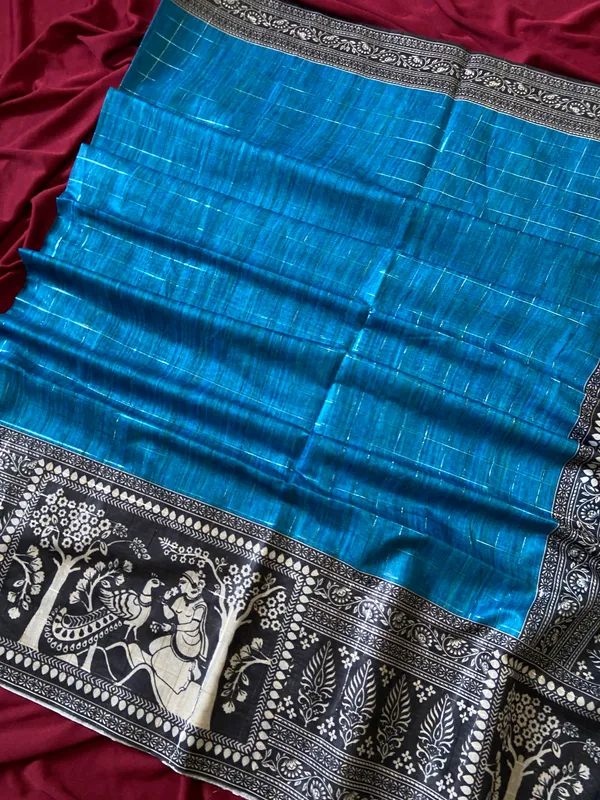 Mridula_Blue_–_Soft_Navratri_Special_|_Soft_Semi_Tussar_Silk_Saree_with_Digital_Print,_Border_&_Contrast_Print_Blouse_with_Tassels