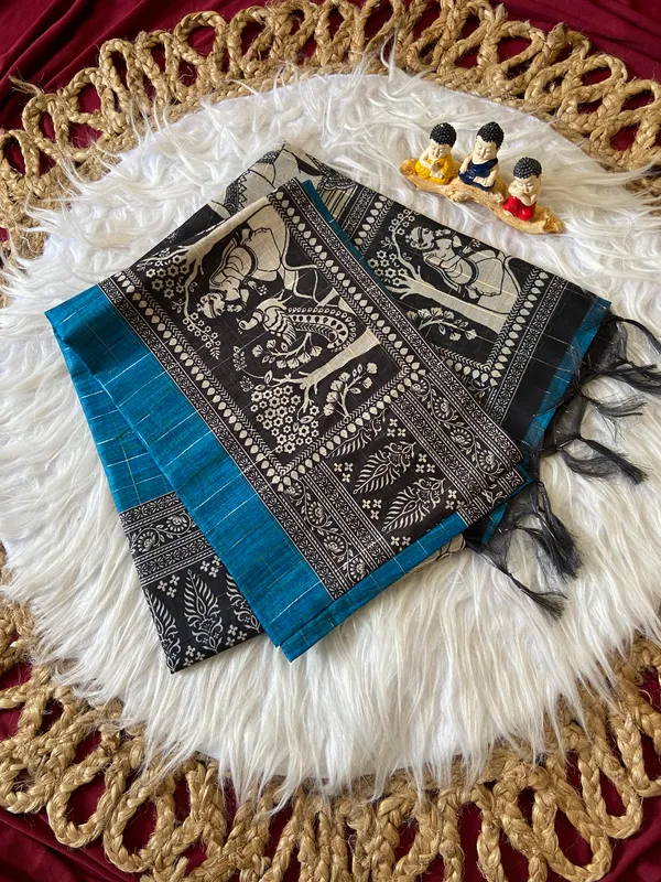 Mridula_Blue_–_Soft_Navratri_Special_|_Soft_Semi_Tussar_Silk_Saree_with_Digital_Print,_Border_&_Contrast_Print_Blouse_with_Tassels