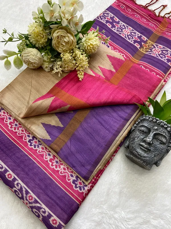 Soft_Tussar_Silk_sarees_with_Beautiful_Print_With_Attractive_Border_And_Contrast_Print_Blouse_With_Tassels