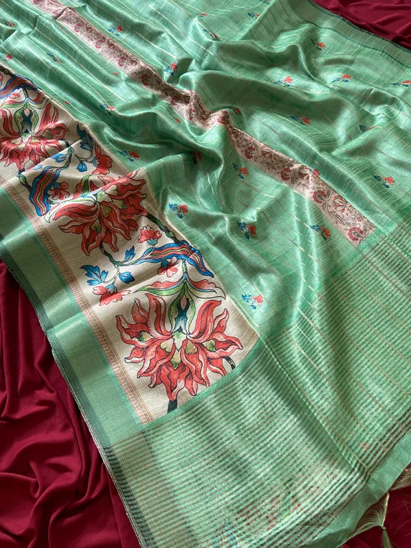 Soft_Semi_Tussar_Silk_sarees_with_Beautiful_Digital_Print_With_Attractive_Border_And_Contrast_Print_Blouse_With_Tassels