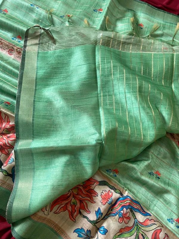Soft_Semi_Tussar_Silk_sarees_with_Beautiful_Digital_Print_With_Attractive_Border_And_Contrast_Print_Blouse_With_Tassels