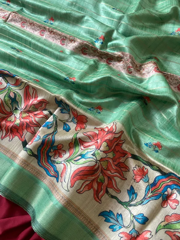 Soft_Semi_Tussar_Silk_sarees_with_Beautiful_Digital_Print_With_Attractive_Border_And_Contrast_Print_Blouse_With_Tassels
