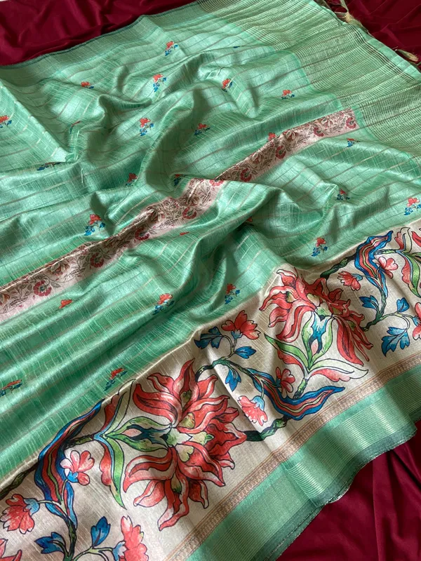 Soft_Semi_Tussar_Silk_sarees_with_Beautiful_Digital_Print_With_Attractive_Border_And_Contrast_Print_Blouse_With_Tassels