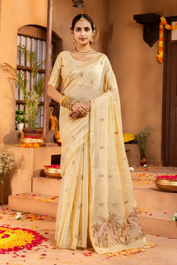 Kashish_Cream_–_Alluring_Wedding_Special_|_Premium_Soft_Muga_Cotton_Saree_with_Colourful_Resham_Weaving_Peacock_Design_Pallu,_Traditional_Zari_Weaving