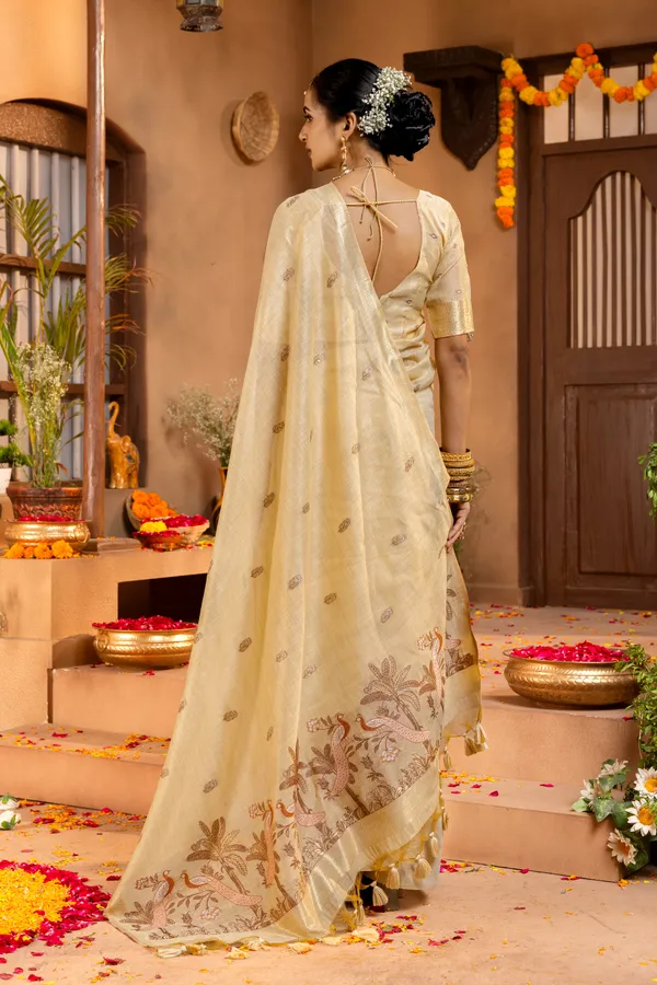 Kashish_Cream_–_Alluring_Wedding_Special_|_Premium_Soft_Muga_Cotton_Saree_with_Colourful_Resham_Weaving_Peacock_Design_Pallu,_Traditional_Zari_Weaving