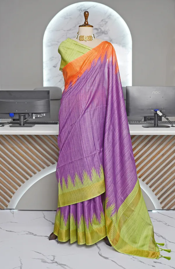 Soft_Tussar_Silk_sarees_with_Beautiful_Digital_Print_With_Attractive_Checks_Design_Saree_And_Digital_Print_Blouse_With_Tassels