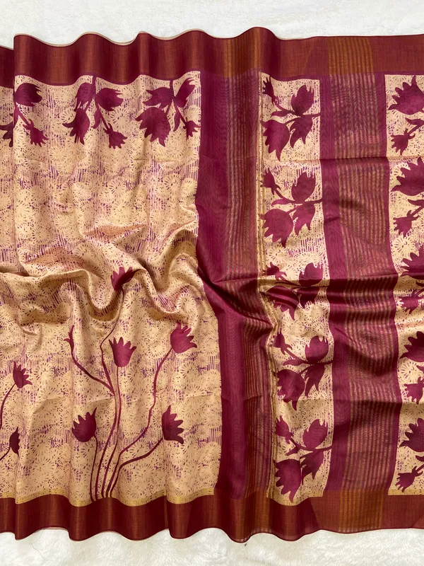 Aalia_Pink_–_Noble_Navratri_Special_|_Soft_Tussar_Silk_Saree_with_Print,_Border_&_Contrast_Print_Blouse_with_Tassels