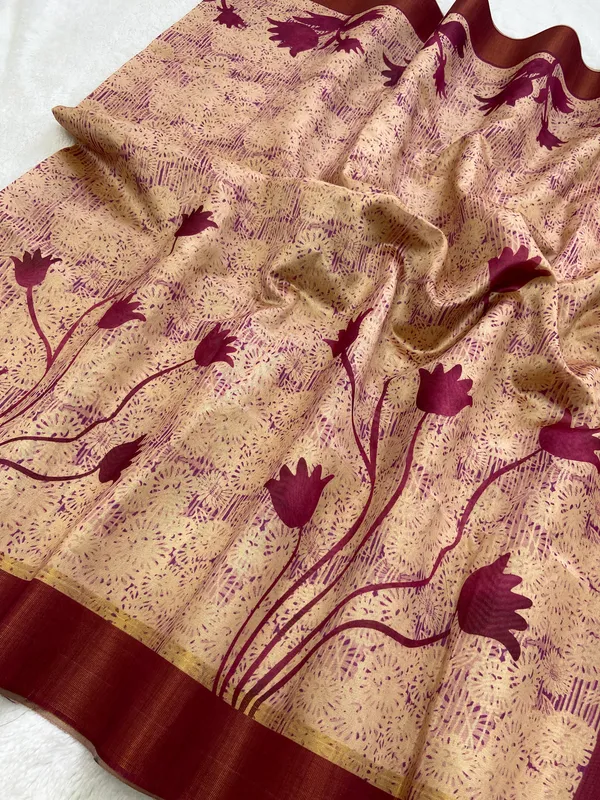 Aalia_Pink_–_Noble_Navratri_Special_|_Soft_Tussar_Silk_Saree_with_Print,_Border_&_Contrast_Print_Blouse_with_Tassels