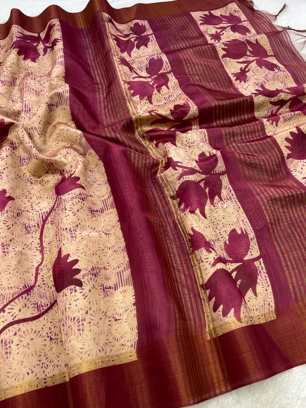 Aalia_Pink_–_Noble_Navratri_Special_|_Soft_Tussar_Silk_Saree_with_Print,_Border_&_Contrast_Print_Blouse_with_Tassels