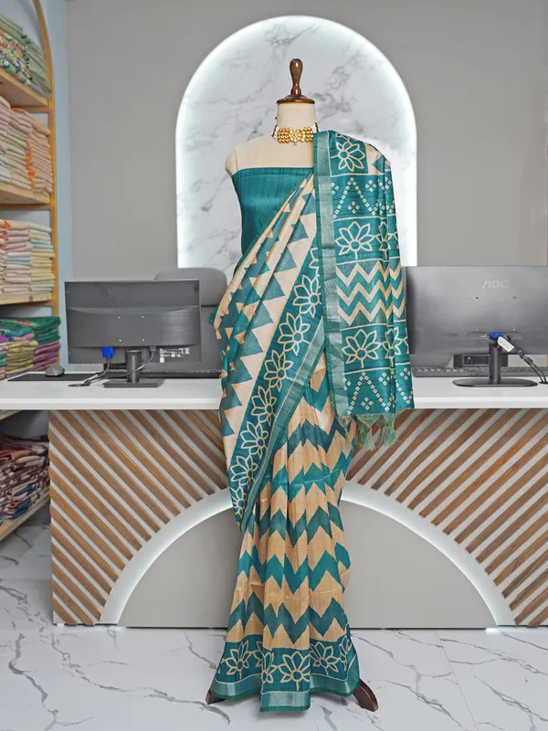 Soft_Tussar_Silk_sarees_with_Beautiful_Digital_Print_With_Attractive_Border_And_Contrast_Print_Blouse_With_Tassels